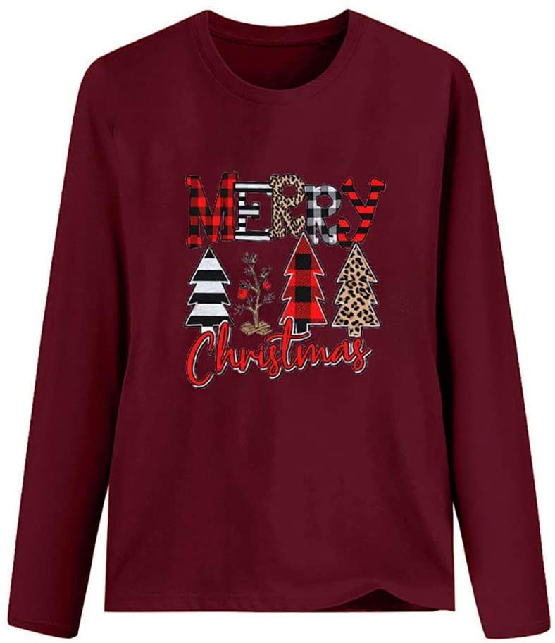 Dosoop Merry Christmas Sweatshirt for Women Leopard Tree Graphic Long Sleeve Tees Shirt Blouse Pullo