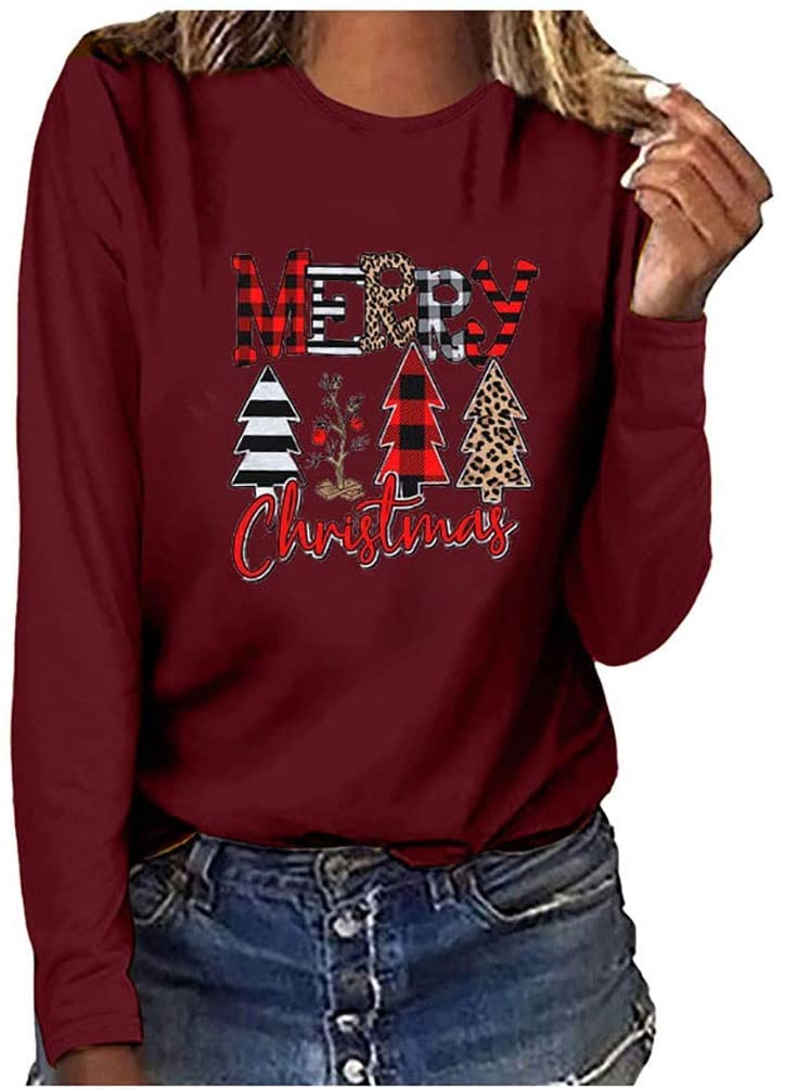Dosoop Merry Christmas Sweatshirt for Women Leopard Tree Graphic Long Sleeve Tees Shirt Blouse Pullo