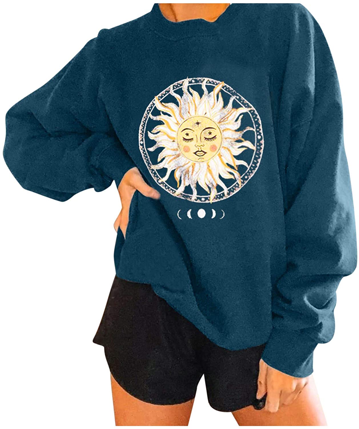 Womens Plus Size Sweatshirt Casual Printing Long Sleeve Pullover Blouse Tops Sun Moon Halloween Loos