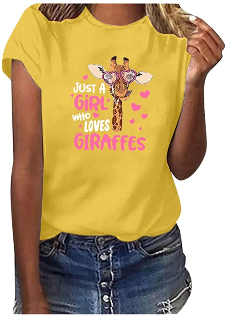 Dosoop Women Just A Girl Who Loves Giraffes T-Shirt Letter Print Crewneck Short Sleeve Plus Size Cas