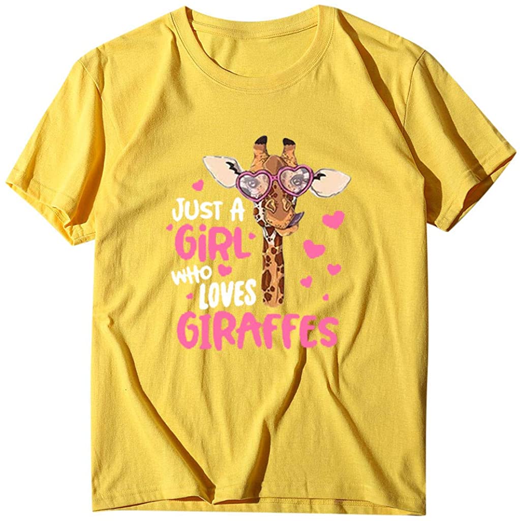 Dosoop Women Just A Girl Who Loves Giraffes T-Shirt Letter Print Crewneck Short Sleeve Plus Size Cas