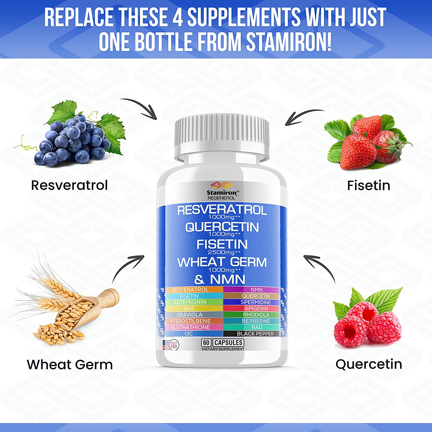 Resveratrol 1000mg Fisetin 2500mg Quercetin 1000mg Spermidine Wheat Germ 1000mg Supplement with NMN,