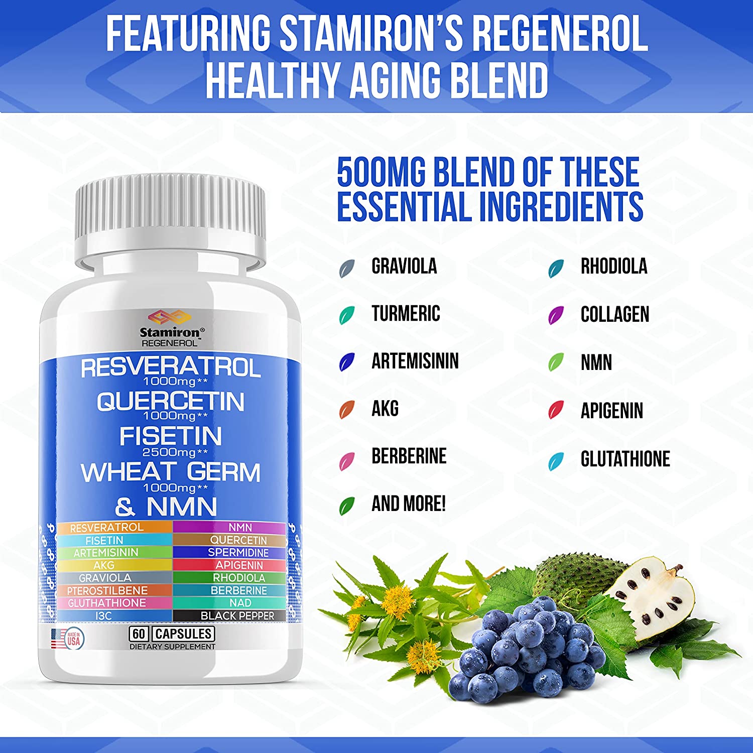 Resveratrol 1000mg Fisetin 2500mg Quercetin 1000mg Spermidine Wheat Germ 1000mg Supplement with NMN,