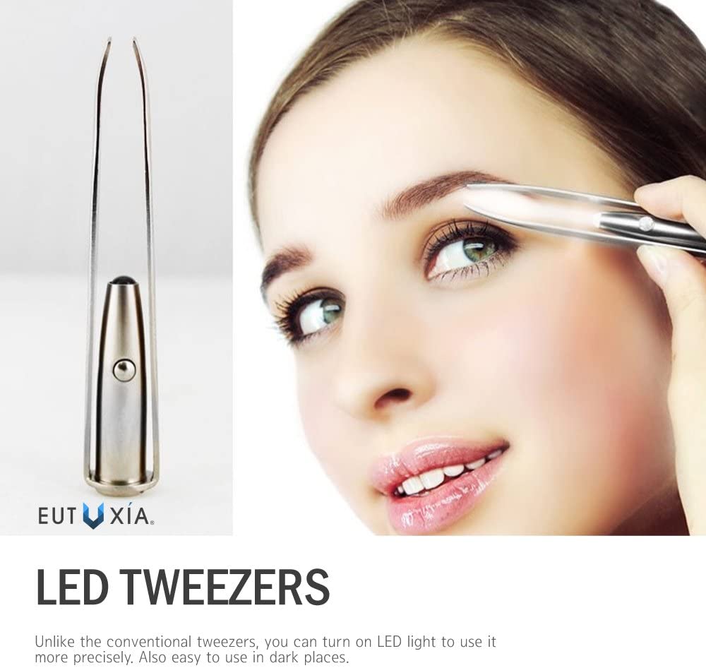 Eutuxia Tweezers with LED Light. Eyebrow and Eyelash Hair Removal Tool