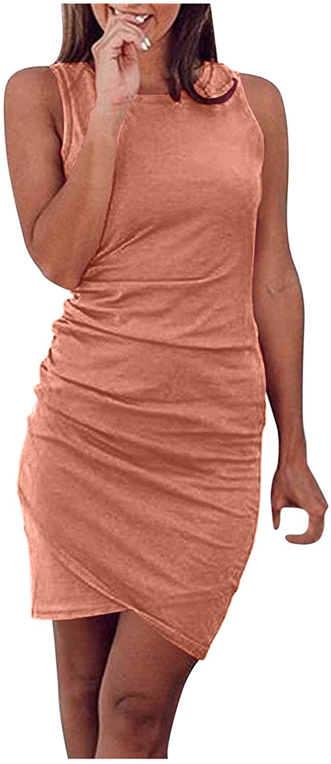 WYTong Women Casual Crew Neck Ruched Sleeveless Tank Bodycon 2021 Shirt Short Mini Dresses Summer Dr