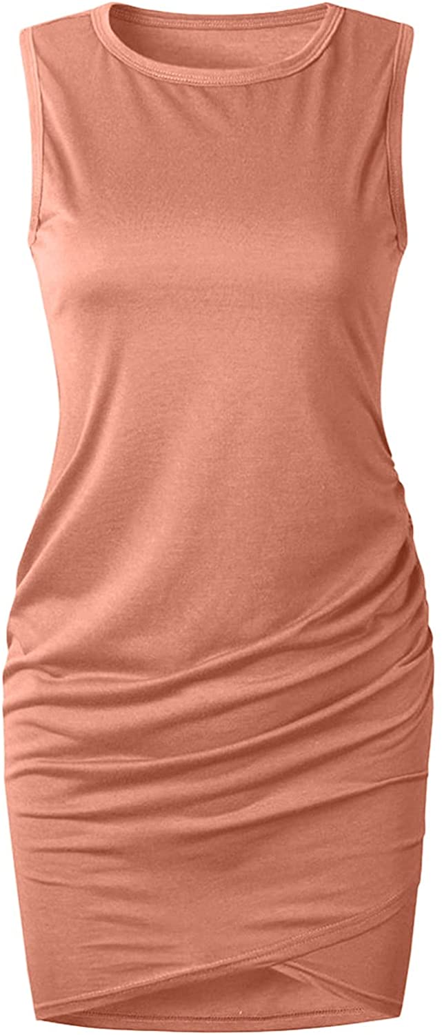 WYTong Women Casual Crew Neck Ruched Sleeveless Tank Bodycon 2021 Shirt Short Mini Dresses Summer Dr