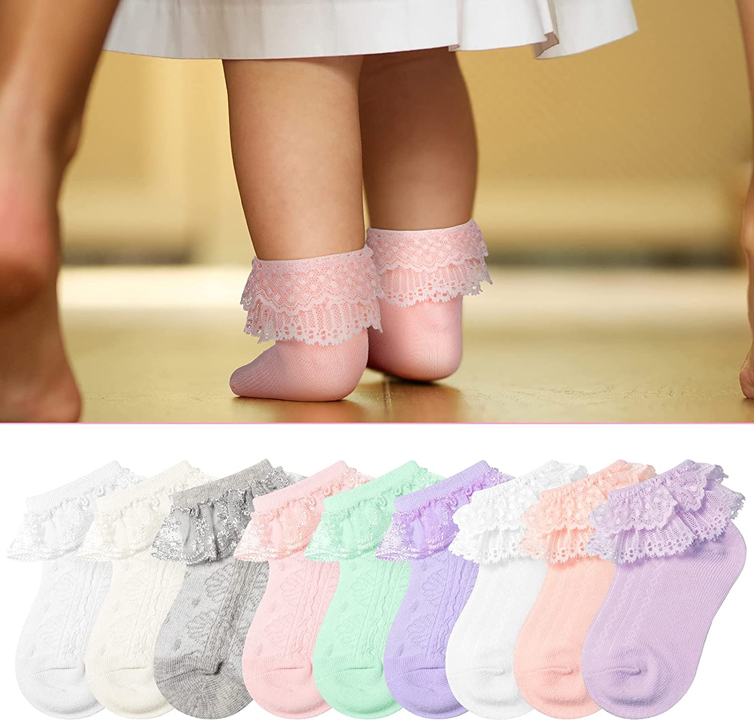 9 Pairs Toddler Lace Socks Baby Ruffles Ankle Socks Newborn Princess Lace Socks