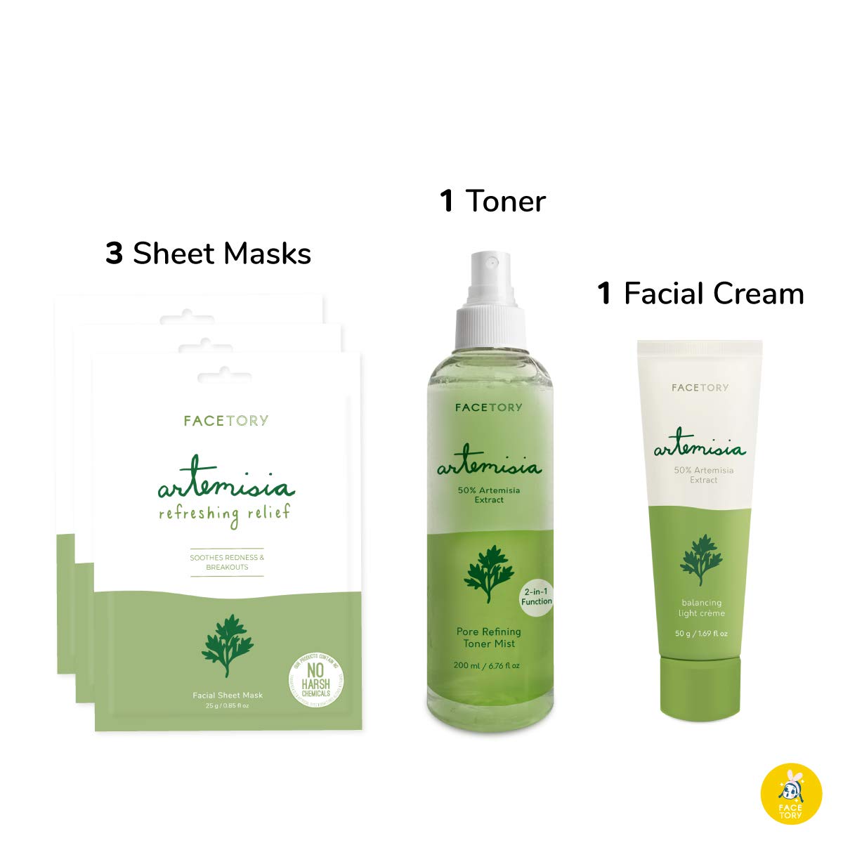 FaceTory Artemisia Set with 3 Sheet Masks, 1 Cream, 1 Toner/Mist- Hydrating, Calming, Redness Relief