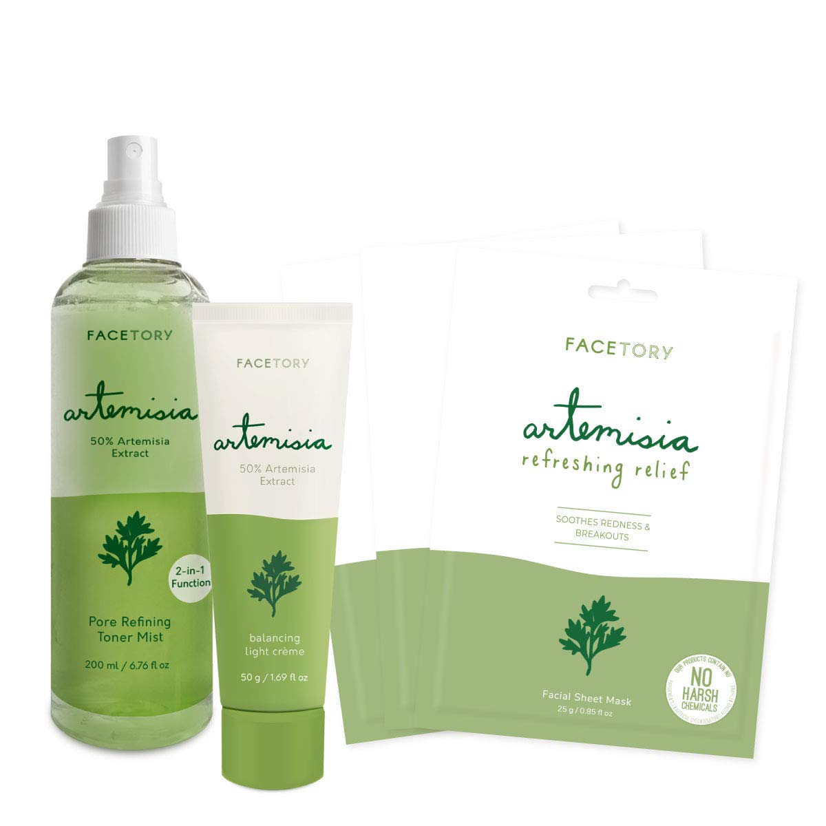 FaceTory Artemisia Set with 3 Sheet Masks, 1 Cream, 1 Toner/Mist- Hydrating, Calming, Redness Relief