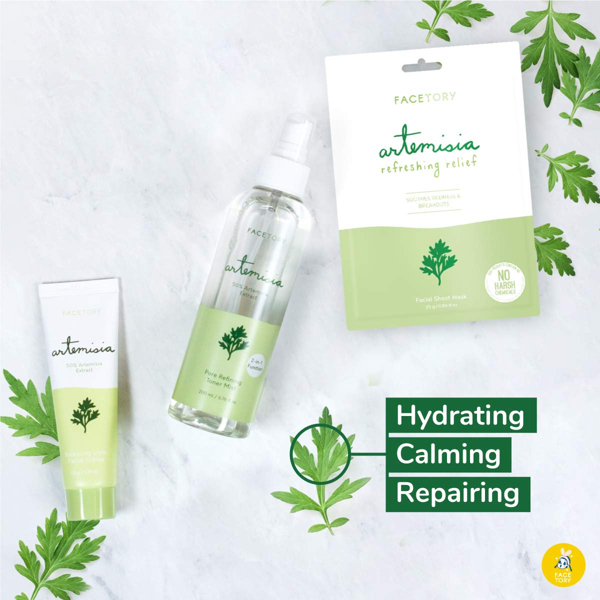 FaceTory Artemisia Set with 3 Sheet Masks, 1 Cream, 1 Toner/Mist- Hydrating, Calming, Redness Relief