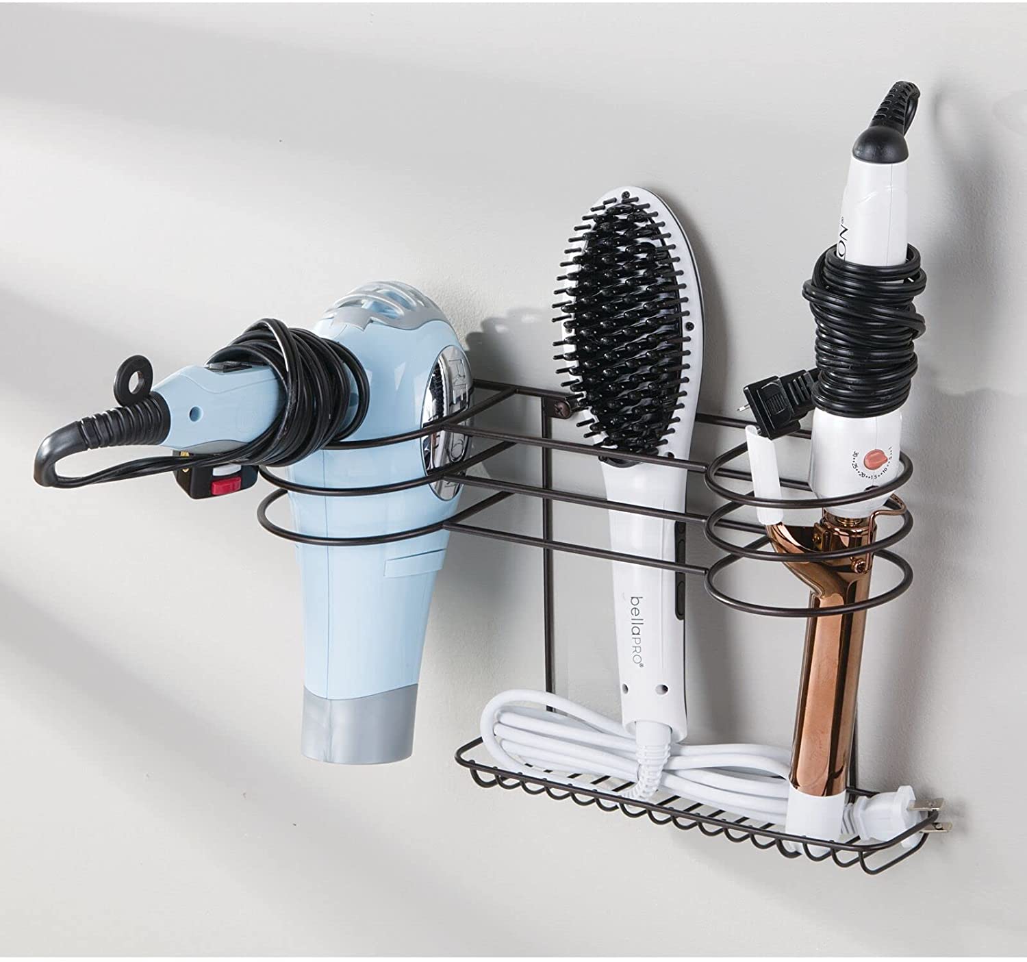 mDesign Bathroom Wall Mount Metal Hair Care & Styling Tool Organizer Storage Basket for Hair Dryer,