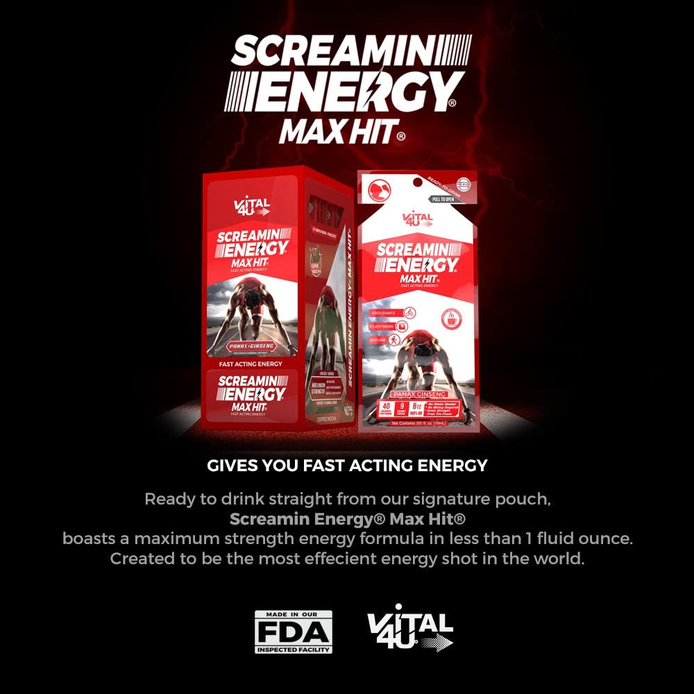 Screamin Energy Max Hit - Maximum Strength Energy Shot with Korean Panax Ginseng, Caffeine and B Vit