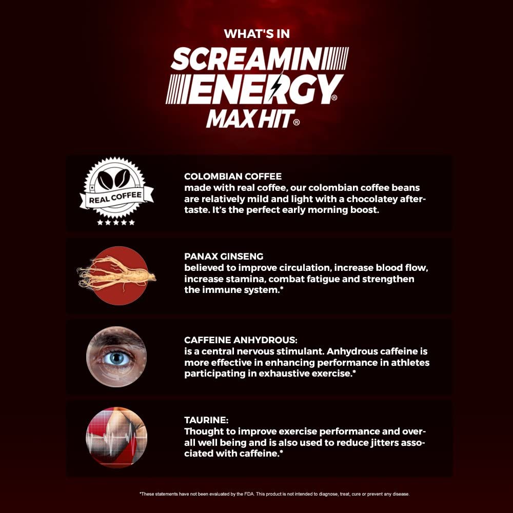 Screamin Energy Max Hit - Maximum Strength Energy Shot with Korean Panax Ginseng, Caffeine and B Vit