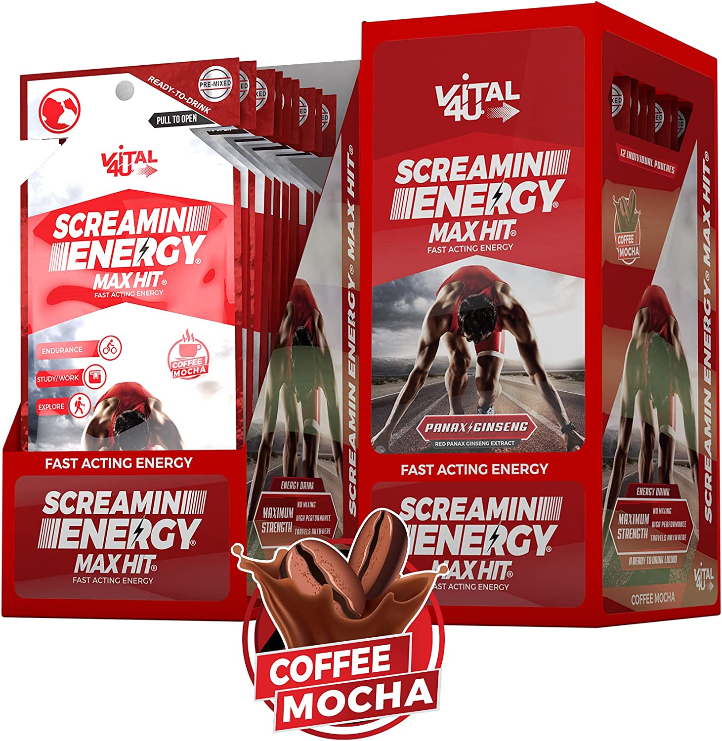 Screamin Energy Max Hit - Maximum Strength Energy Shot with Korean Panax Ginseng, Caffeine and B Vit