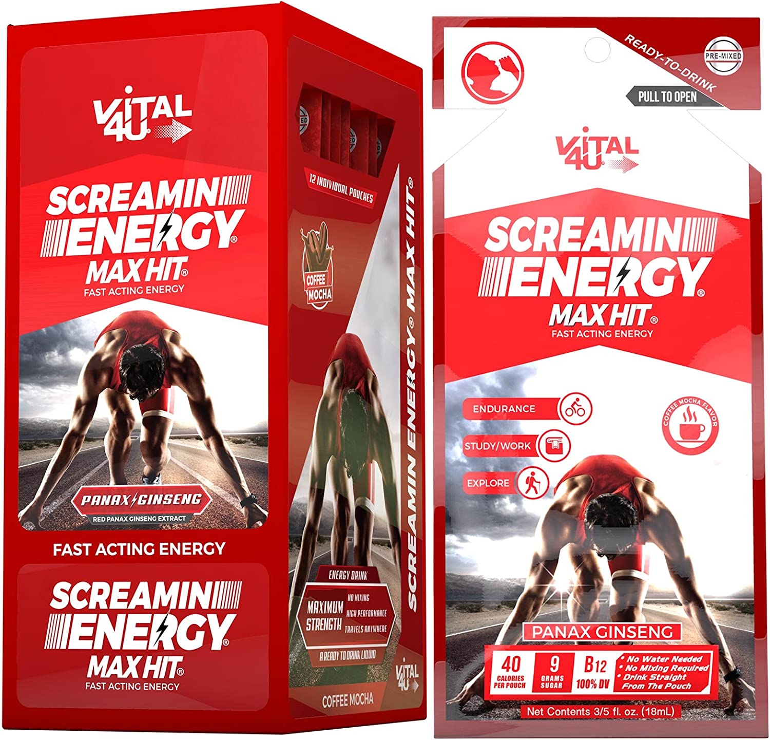 Screamin Energy Max Hit - Maximum Strength Energy Shot with Korean Panax Ginseng, Caffeine and B Vit