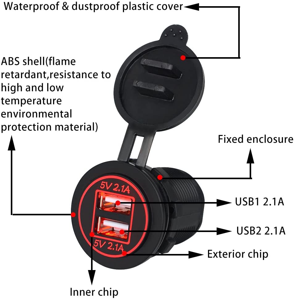Motorcycle Charger Waterproof Car Dual USB Charger 5V 4.2A Power Outlet for 12 24V Car Motorcycle Wi