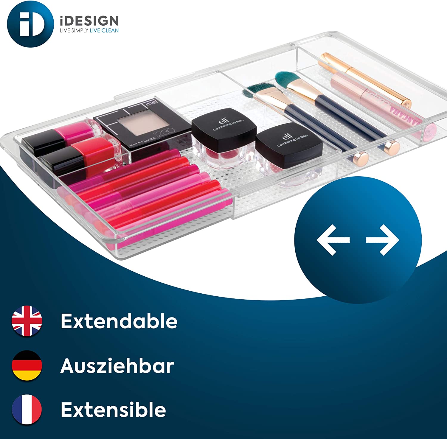 iDesign Clarity Plastic Expandable Drawer Organize for Vanity, Bathroom, Kitchen, Desk, Expands up t