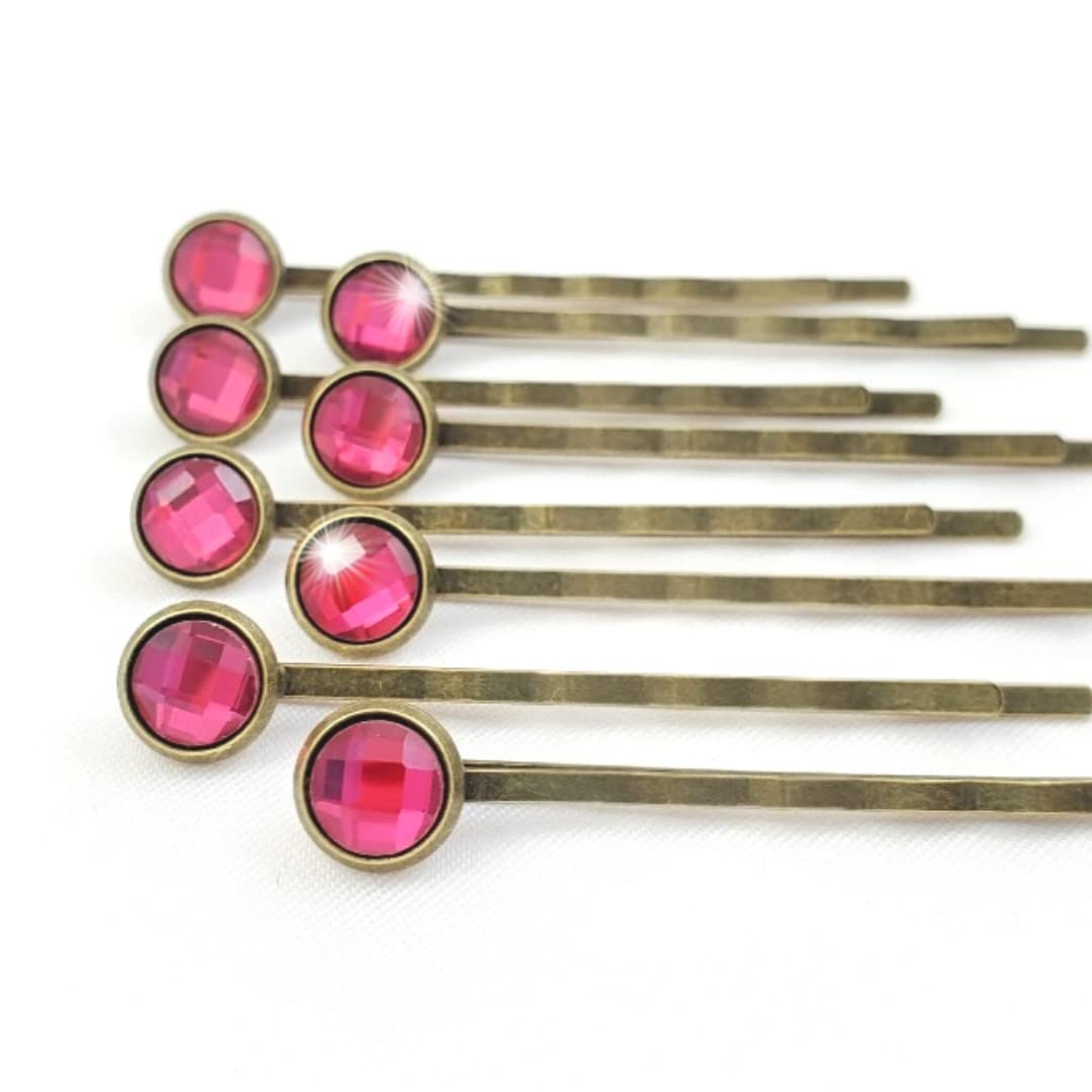 Crystal Hair Pins for Women, Decorative Bobby Pin Set of 8 Fuchsia Hairpins, Sparkly Glass Rhineston