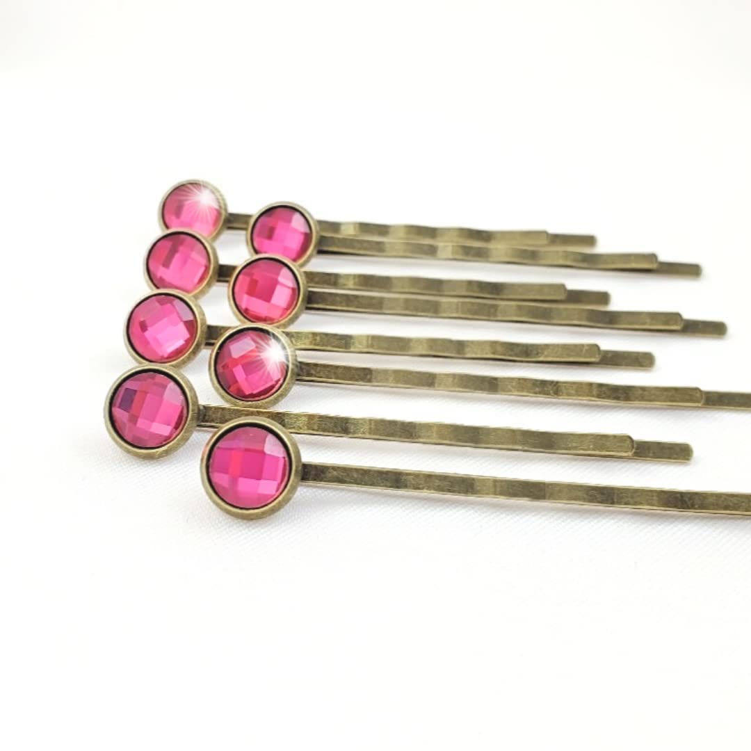 Crystal Hair Pins for Women, Decorative Bobby Pin Set of 8 Fuchsia Hairpins, Sparkly Glass Rhineston