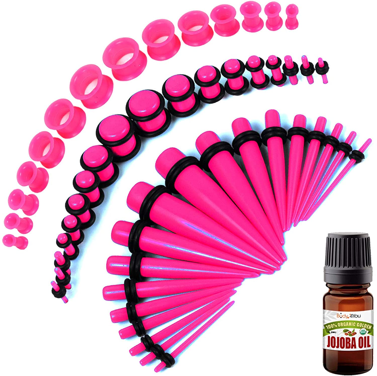BodyJ4You 50PC Gauges Kit Ear Stretching Aftercare Jojoba Oil Wax 14G-12MM Tunnel Plug Taper Set