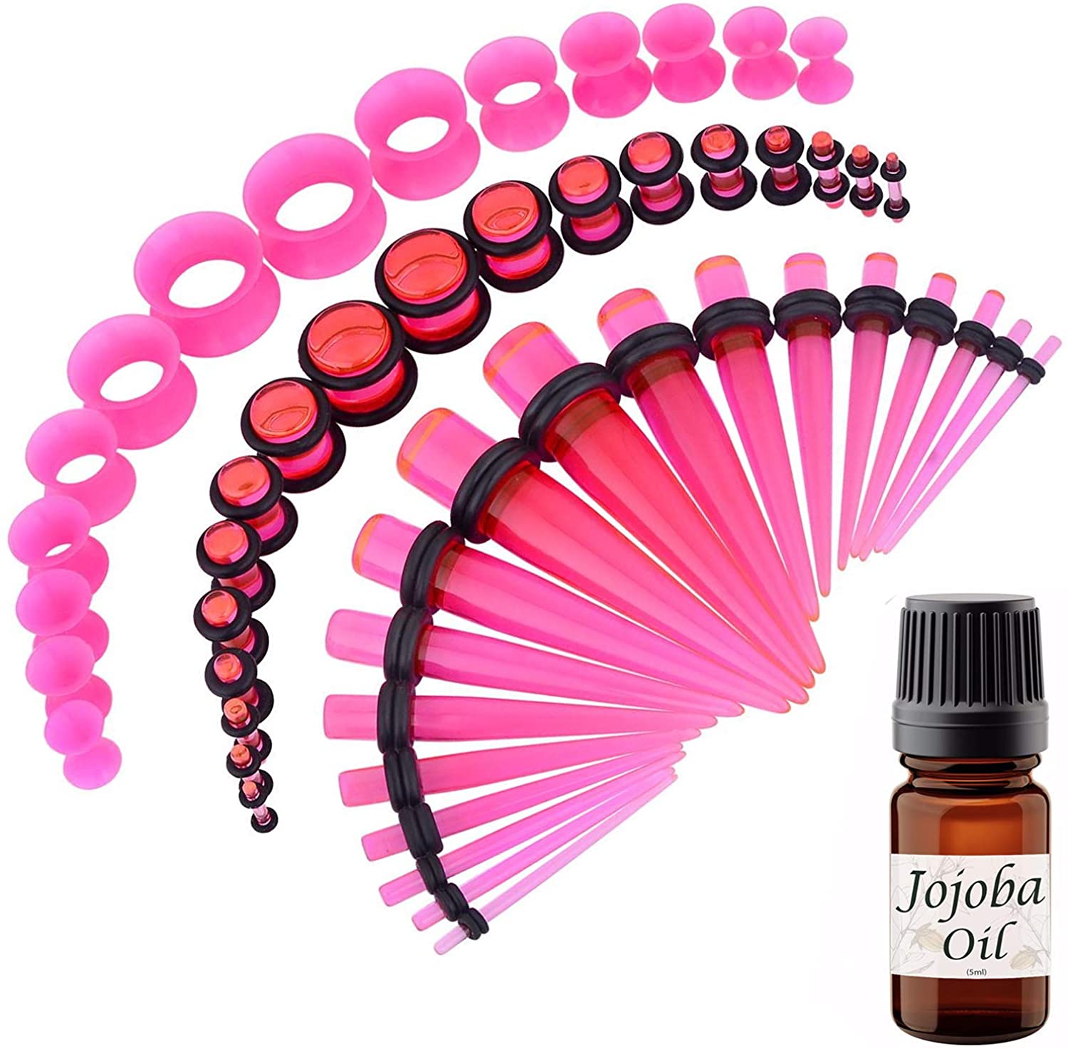 BodyJ4You 50PC Gauges Kit Ear Stretching Aftercare Jojoba Oil Wax 14G-12MM Tunnel Plug Taper Set