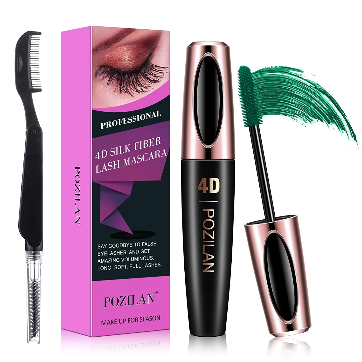 4D Silk Fiber Lash Mascara Waterproof Green with Folding Eyelash Comb Brush - Lengthening, Volumizin