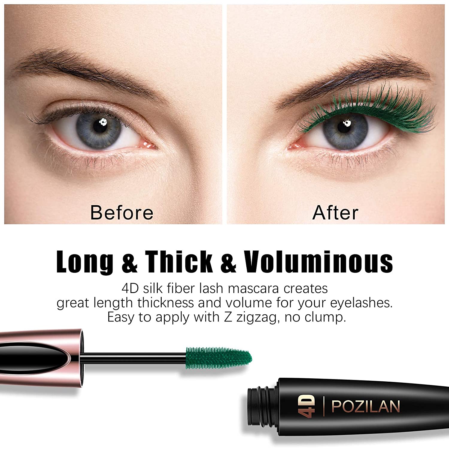 4D Silk Fiber Lash Mascara Waterproof Green with Folding Eyelash Comb Brush - Lengthening, Volumizin