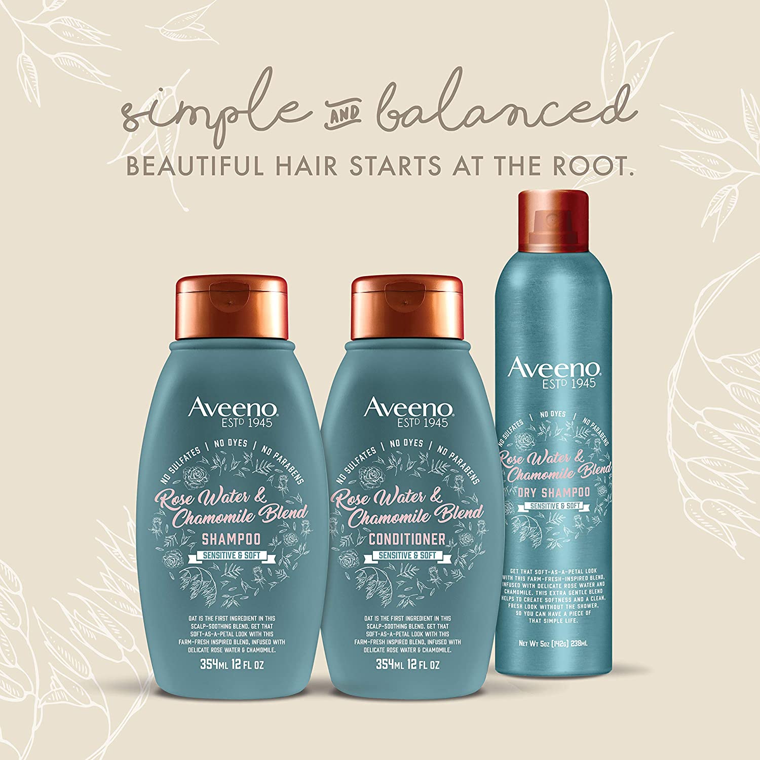 Aveeno Rose Water & Chamomile Blend Sulfate-Free Shampoo with Colloidal Oat for Dry & Sensitive Scal