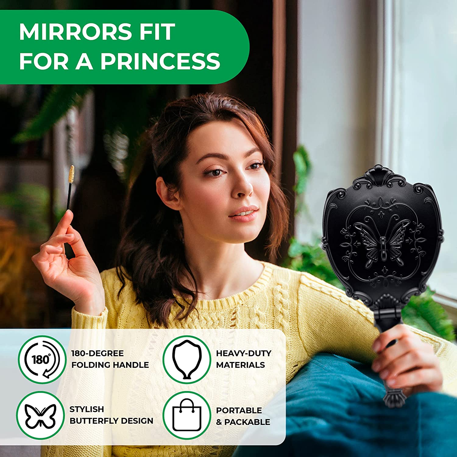 Probeautify Decorative Hand Held Mirror - Beautifully Butterfly Design Hand Mirrors with Handle - Li