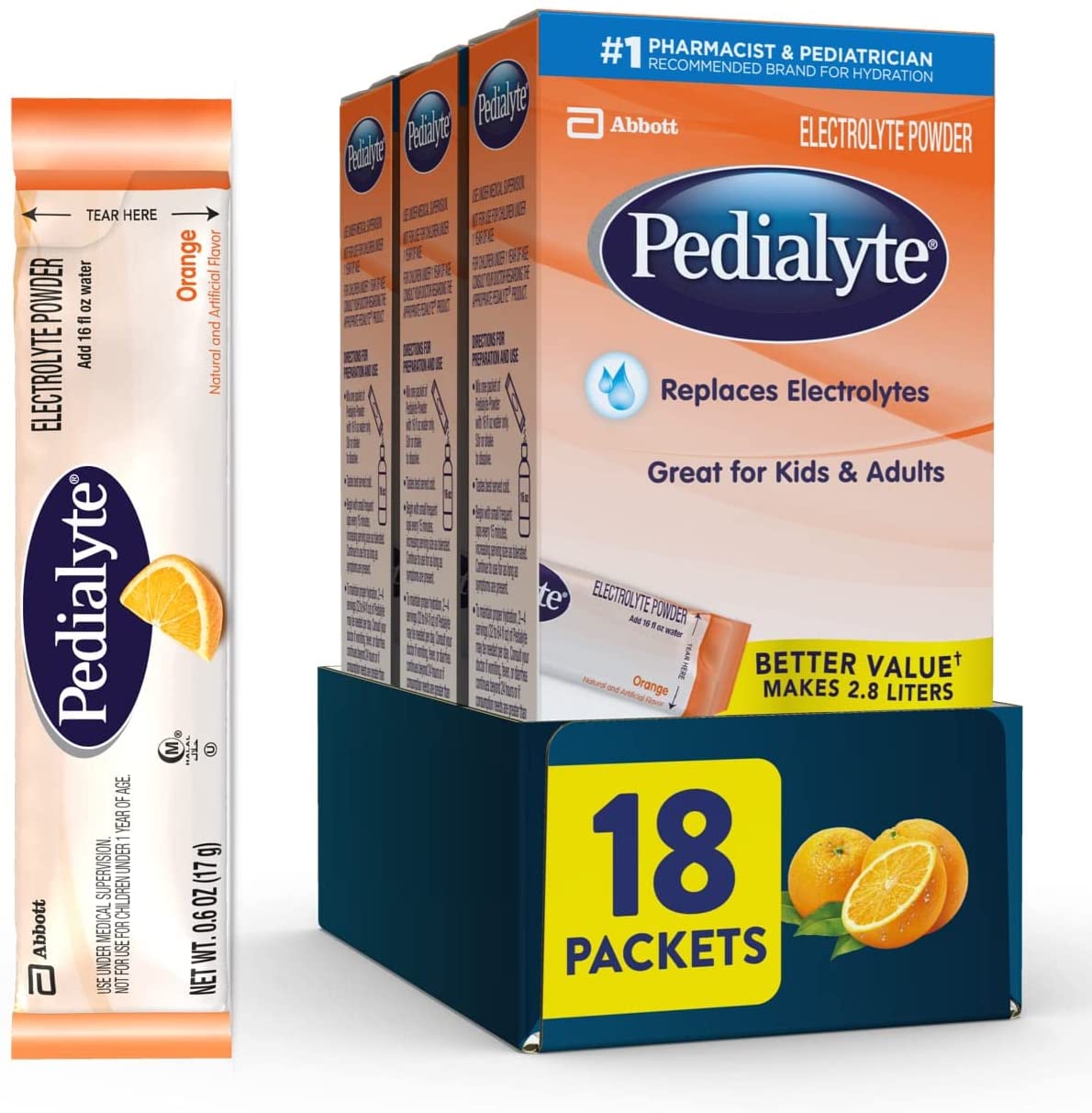 Pedialyte Electrolyte Powder, Orange, Electrolyte Hydration Drink, 0.6 oz Powder Packs, 18 Count