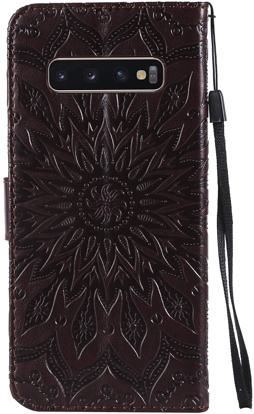 Cfrau Kickstand Wallet Case with Black Stylus for Samsung Galaxy S10 Plus,Retro Mandala Sunflower PU
