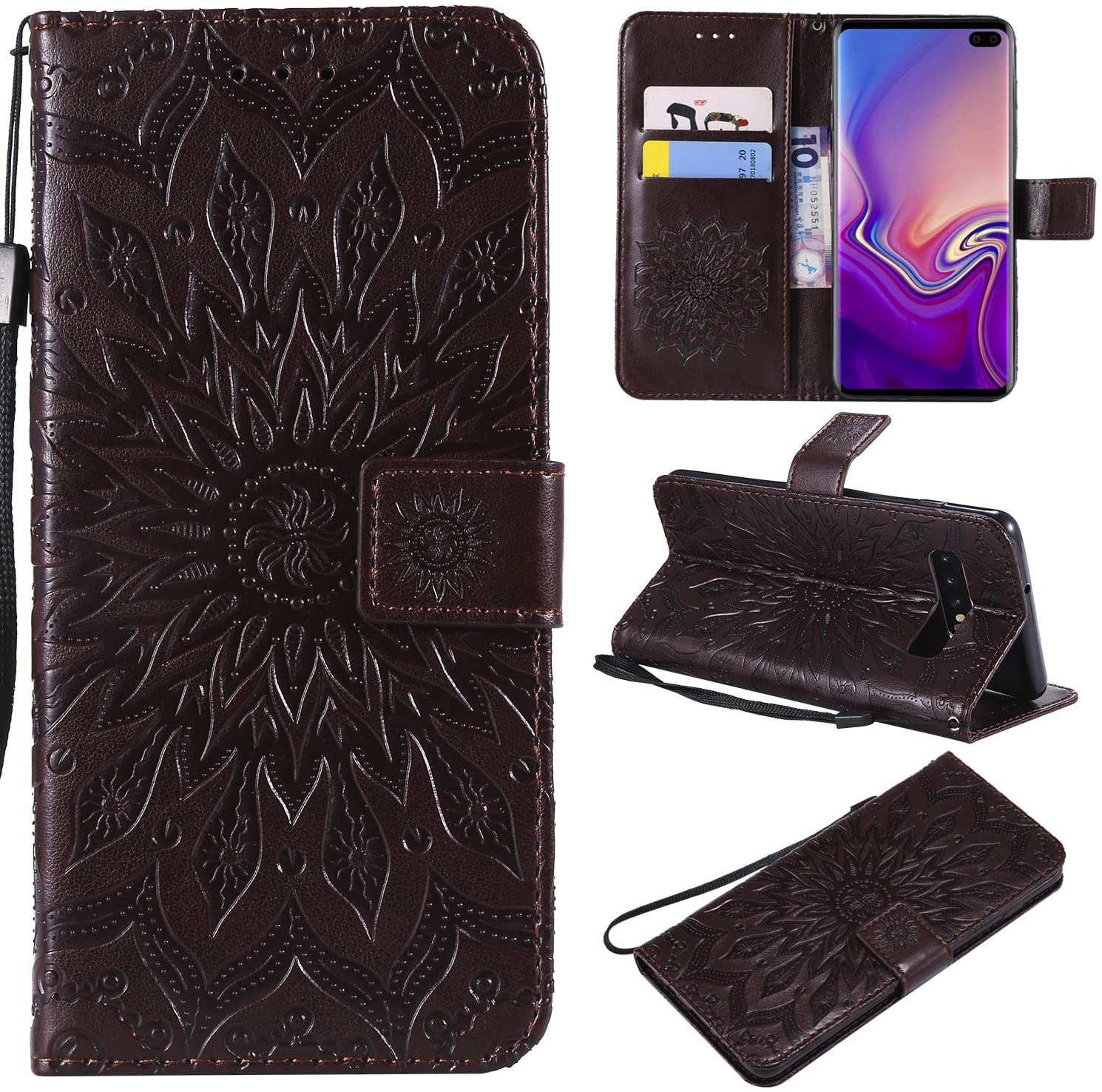 Cfrau Kickstand Wallet Case with Black Stylus for Samsung Galaxy S10 Plus,Retro Mandala Sunflower PU
