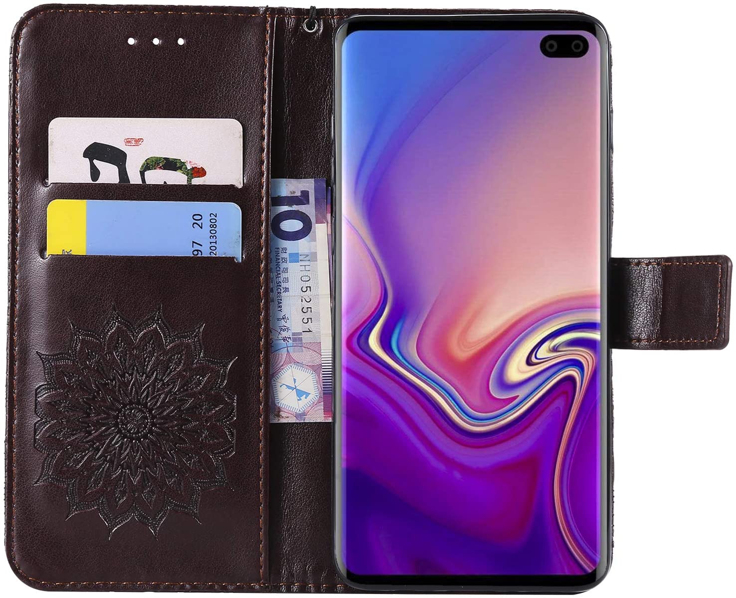 Cfrau Kickstand Wallet Case with Black Stylus for Samsung Galaxy S10 Plus,Retro Mandala Sunflower PU