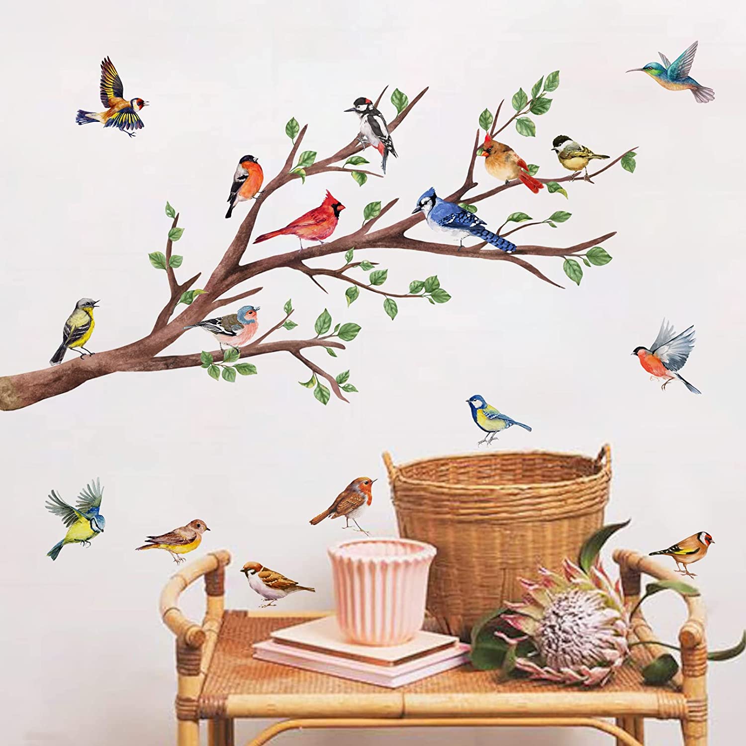 Yovkky Watercolor Birds Branches Wall Decals, Peel Stick Red Blue Birdies Cardinal Sticker Nursery D
