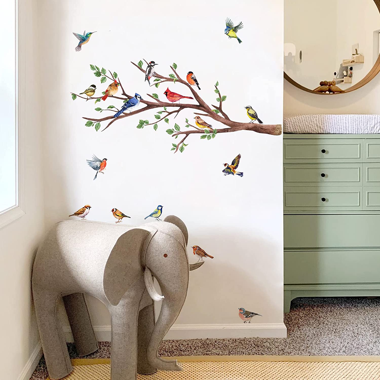 Yovkky Watercolor Birds Branches Wall Decals, Peel Stick Red Blue Birdies Cardinal Sticker Nursery D