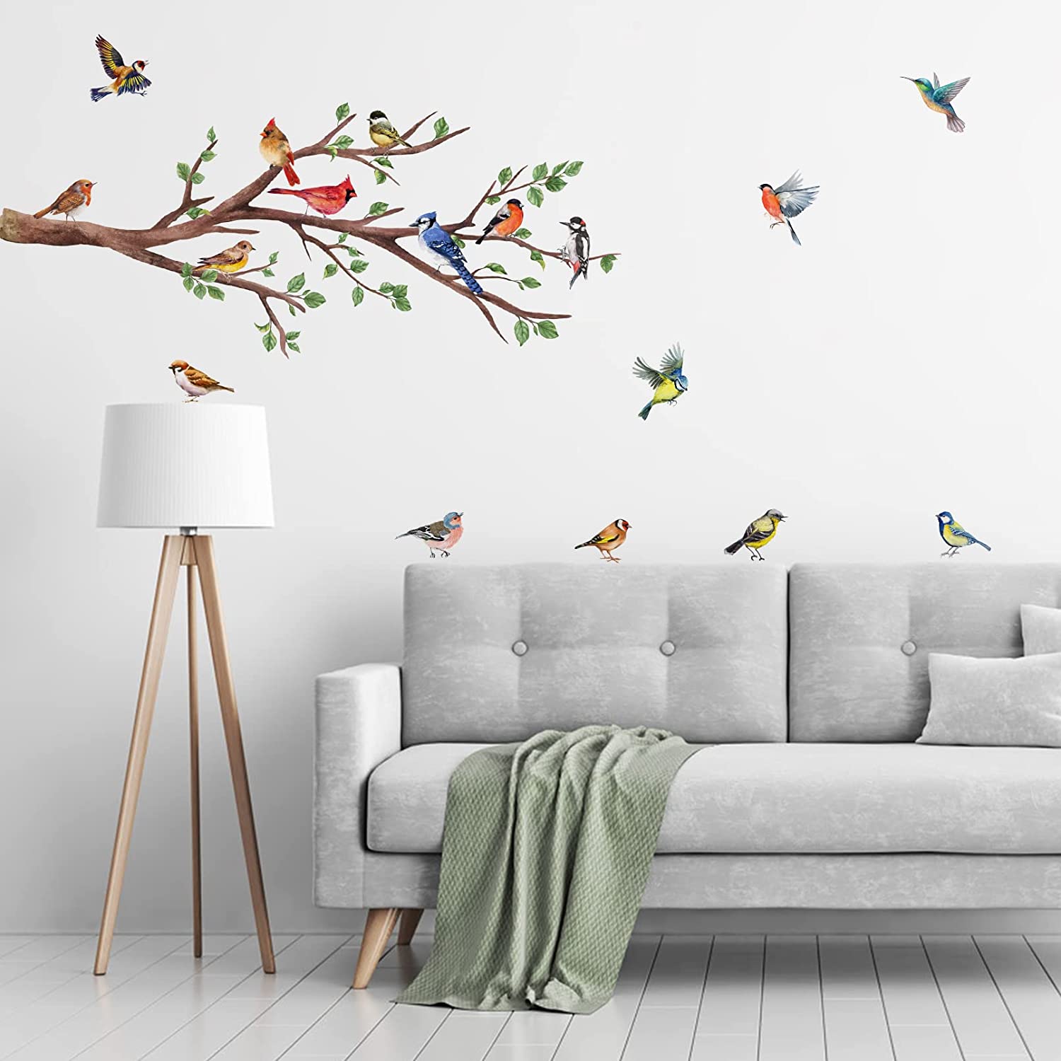 Yovkky Watercolor Birds Branches Wall Decals, Peel Stick Red Blue Birdies Cardinal Sticker Nursery D