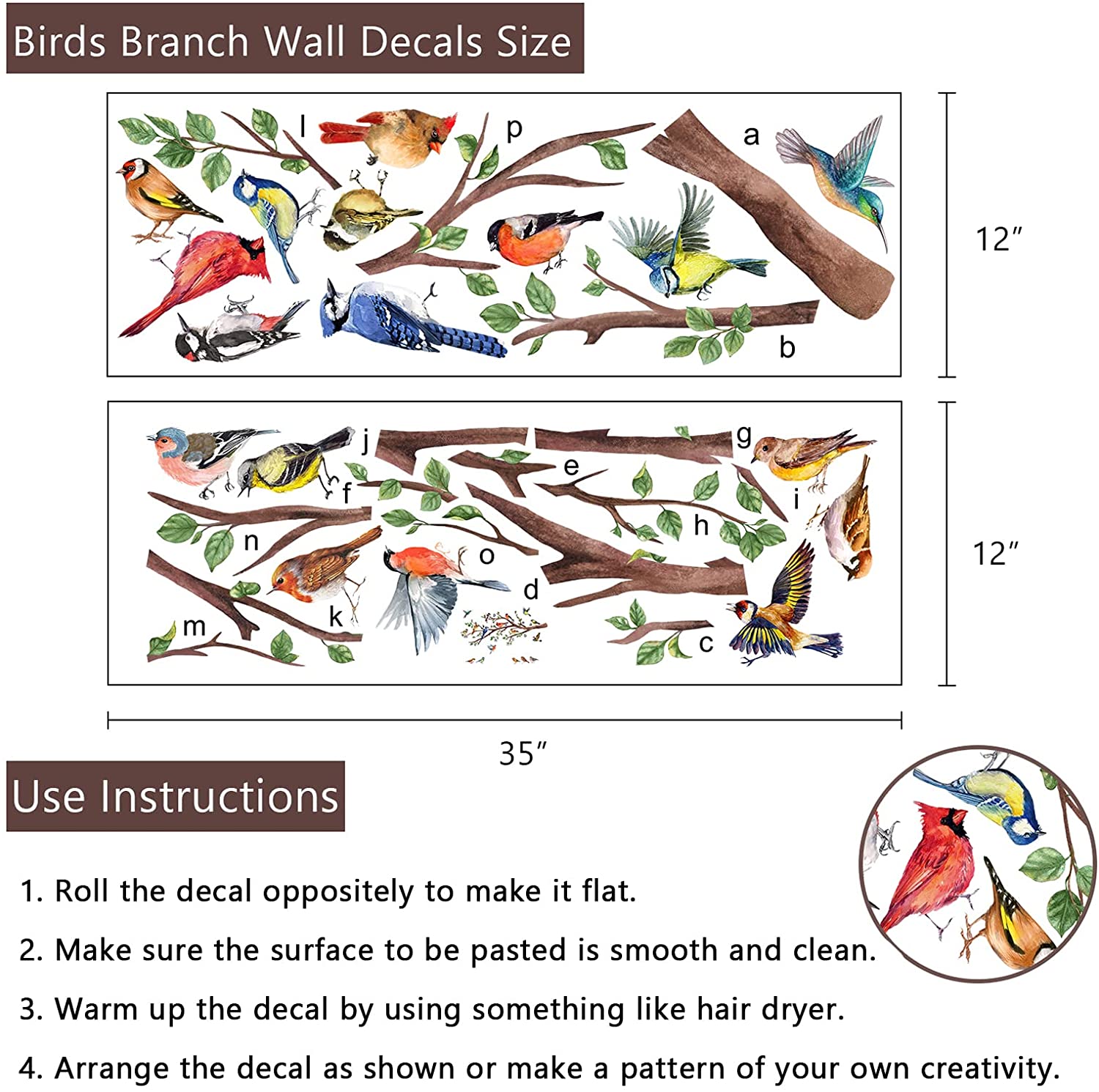 Yovkky Watercolor Birds Branches Wall Decals, Peel Stick Red Blue Birdies Cardinal Sticker Nursery D