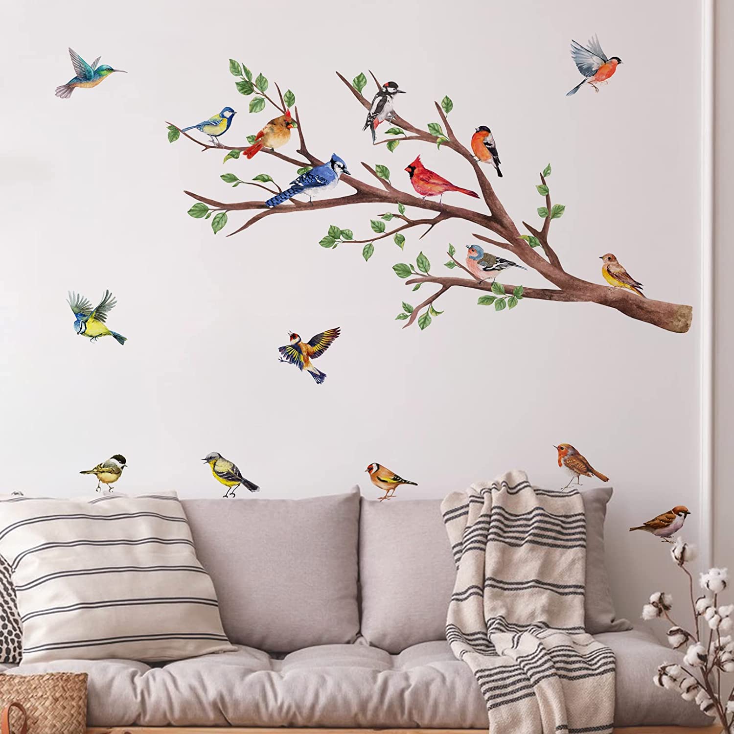 Yovkky Watercolor Birds Branches Wall Decals, Peel Stick Red Blue Birdies Cardinal Sticker Nursery D