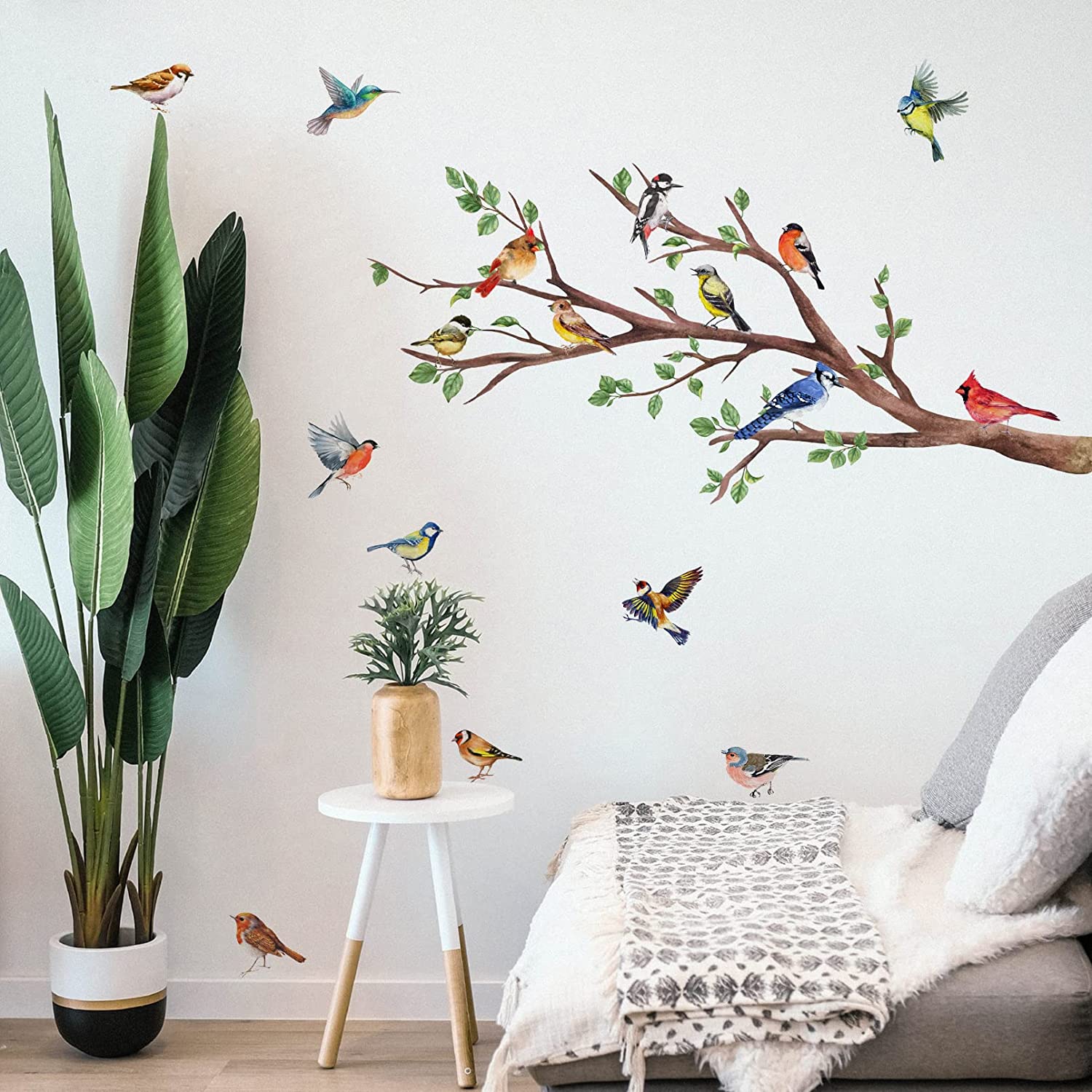 Yovkky Watercolor Birds Branches Wall Decals, Peel Stick Red Blue Birdies Cardinal Sticker Nursery D