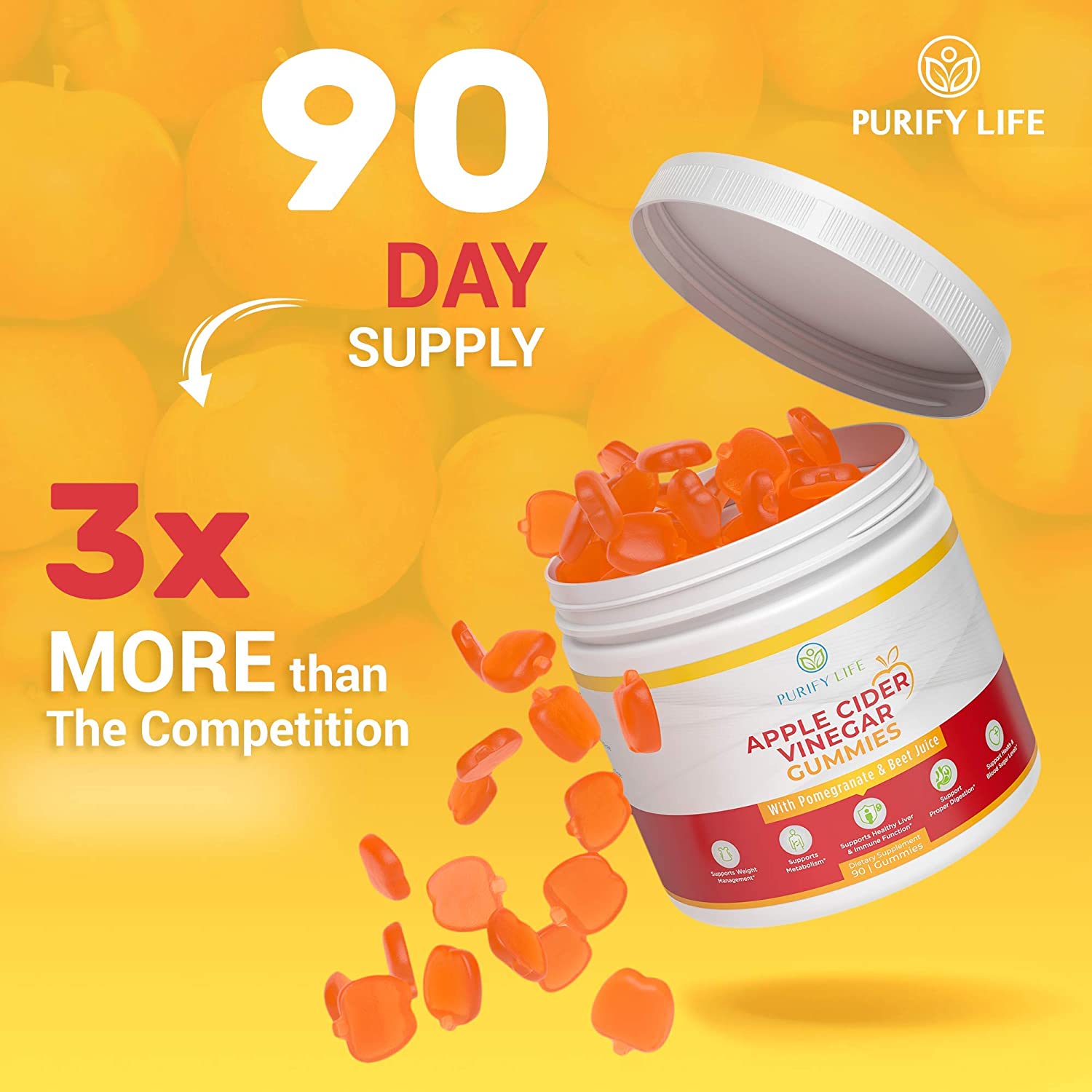 Detox Apple Cider Vinegar Gummies for Adults (90 Chews), Unfiltered ACV Gummies for Improved Gut Hea