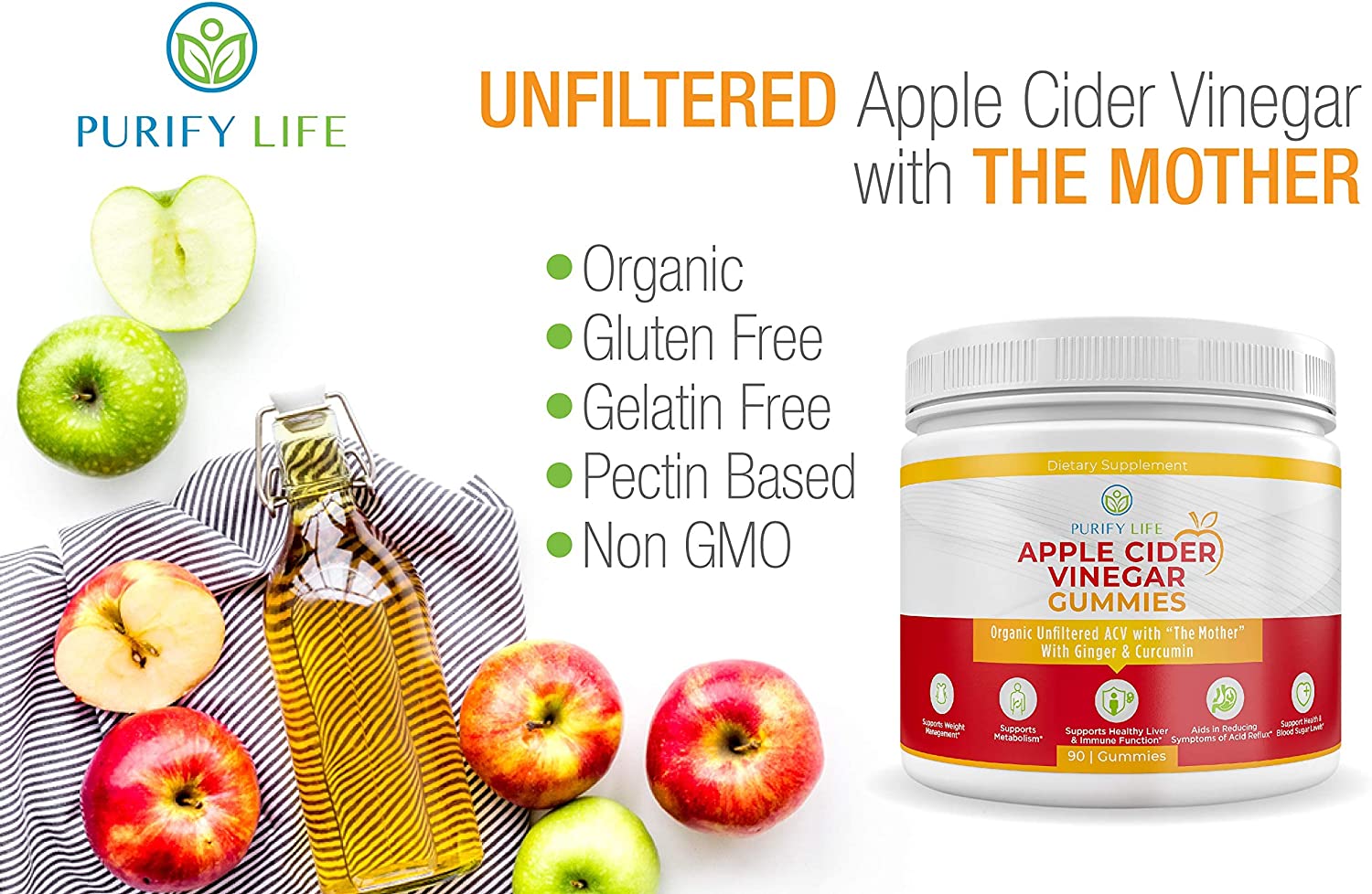 Detox Apple Cider Vinegar Gummies for Adults (90 Chews), Unfiltered ACV Gummies for Improved Gut Hea