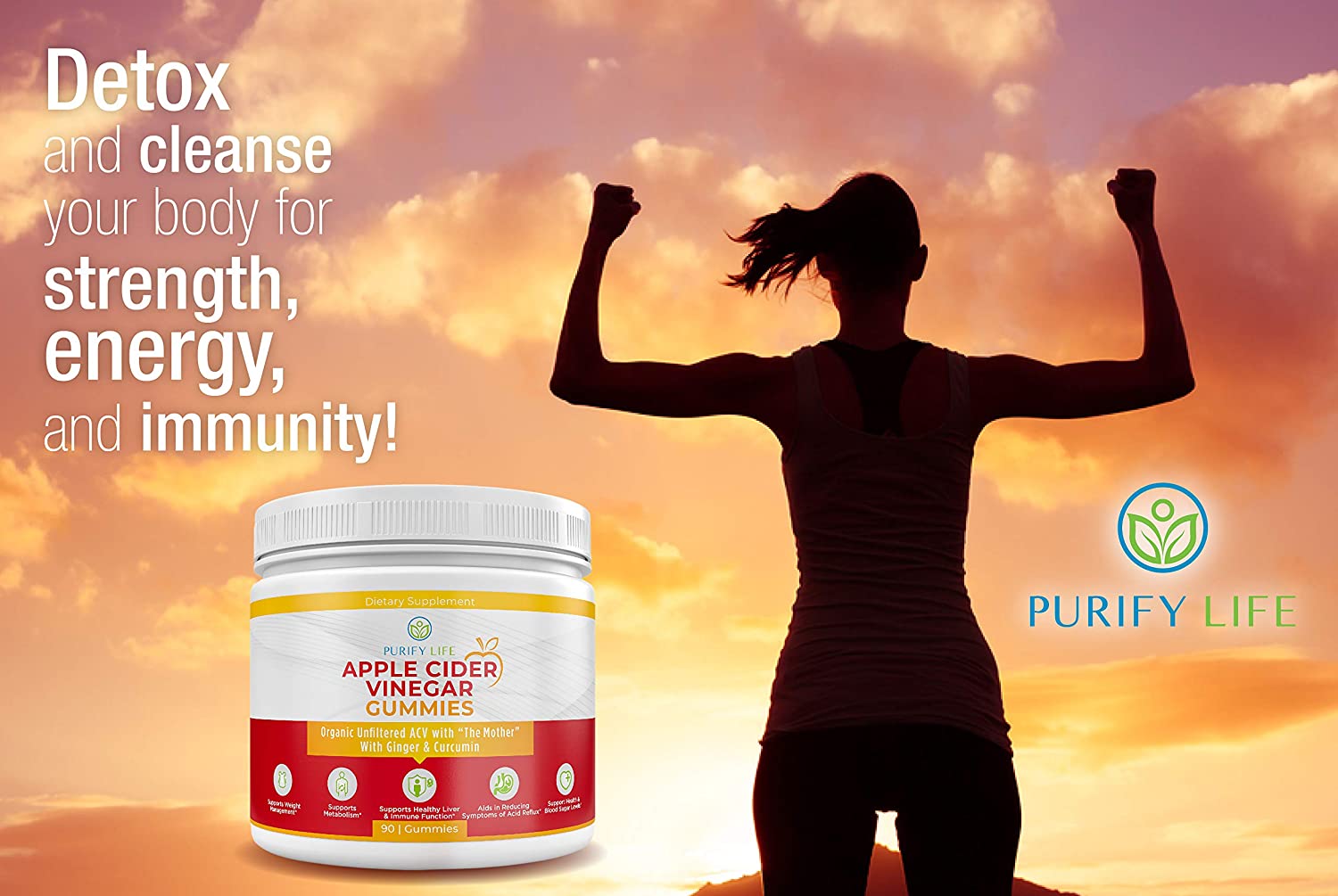 Detox Apple Cider Vinegar Gummies for Adults (90 Chews), Unfiltered ACV Gummies for Improved Gut Hea