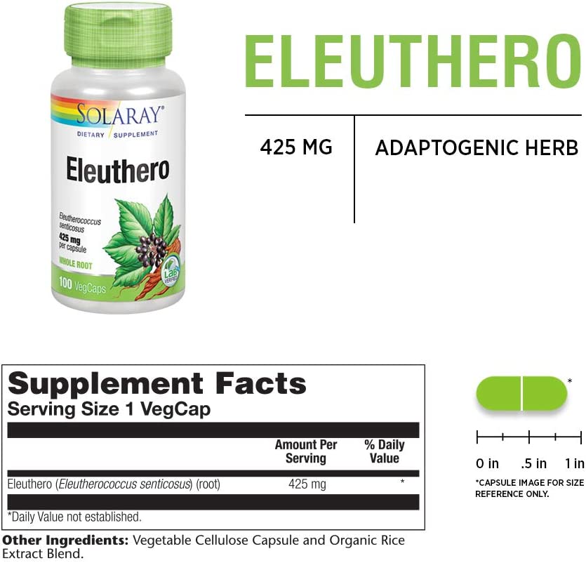 Solaray Eleuthero 425 mg | Adaptogen for Healthy Stress, Stamina & Mental Alertness Support | 100 Ve