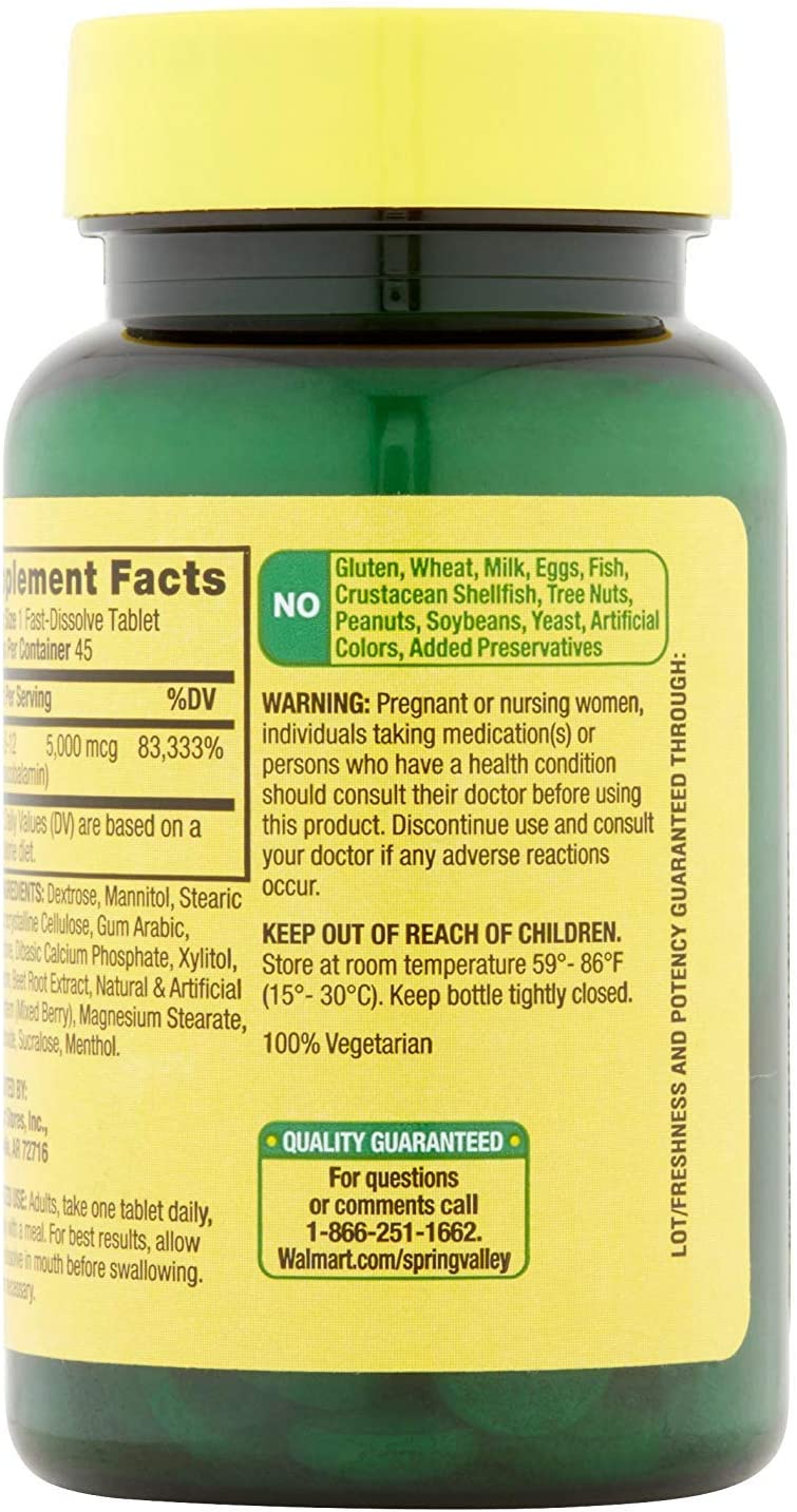Spring Valley B12 5000 mcg 45 tablets, Mixed Berry Flavor