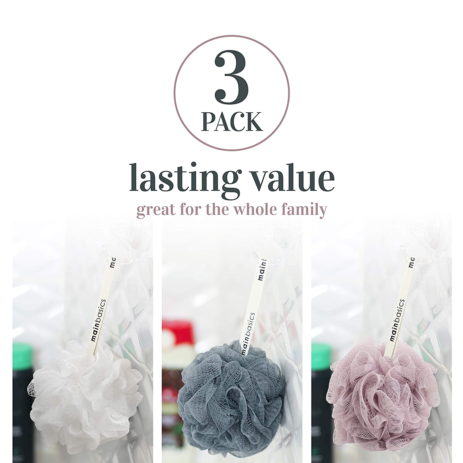 MainBasics Bath Shower Loofah Sponge Pouf Body Scrubber Exfoliator (Set of 3)