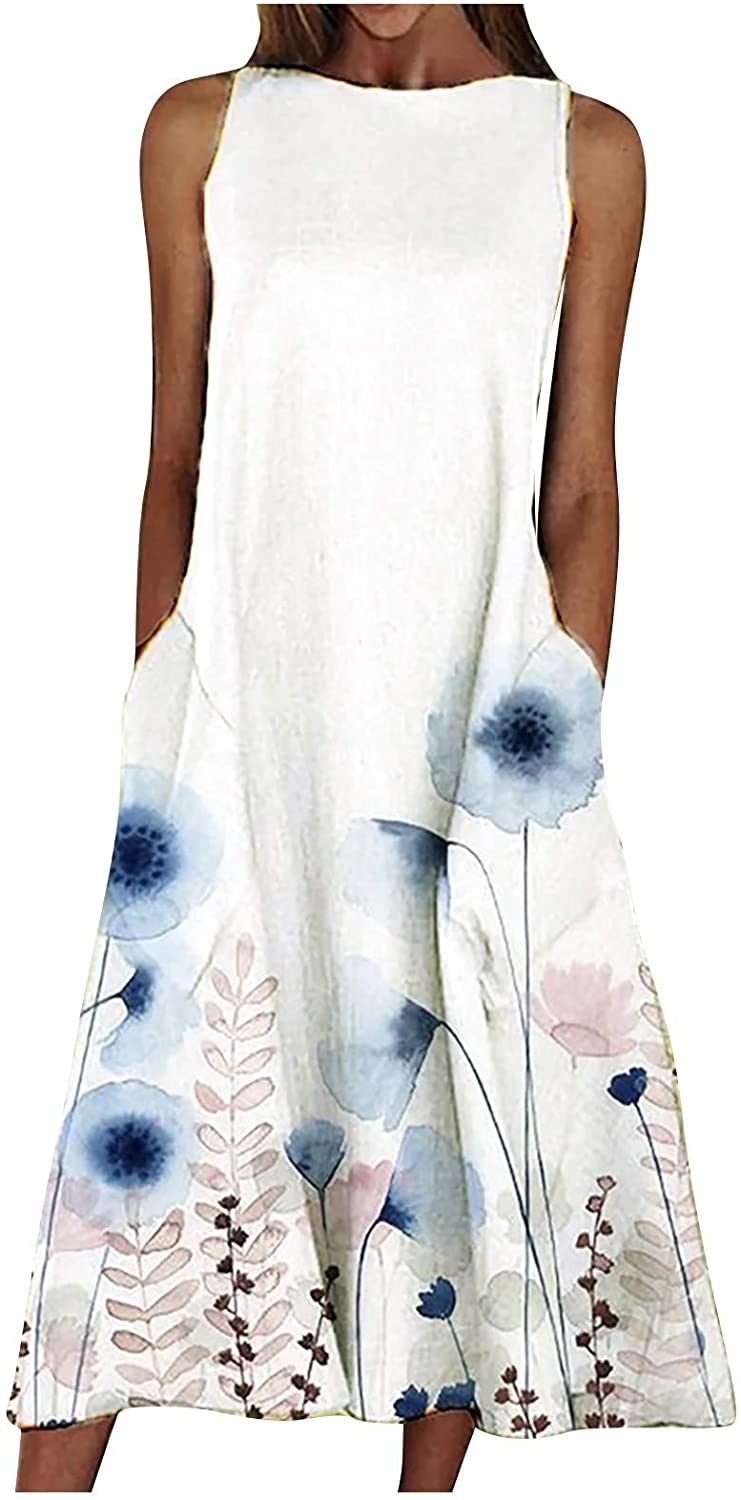 Womens Long Maxi Dresses, Painted Flower Leaves Print Crew Neck Loose Pullover Sleeveless Tank Tops 