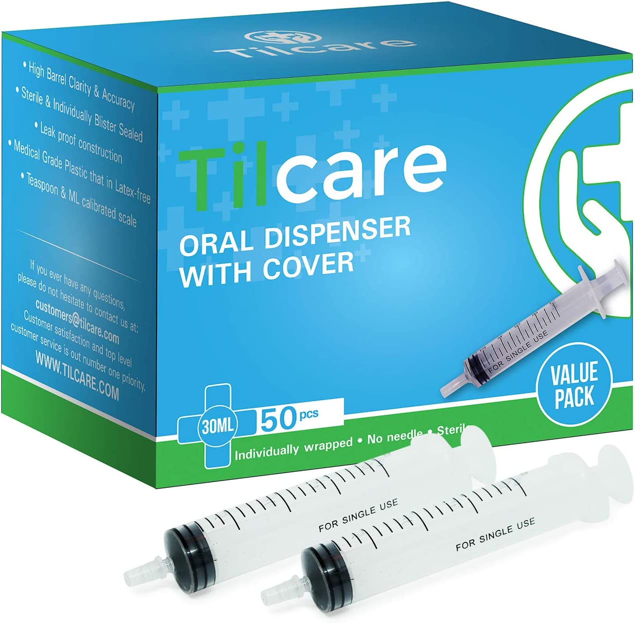 30ml Oral Dispenser Syringe with Cover 50 Pack by Tilcare - Luer Slip Sterile Plastic Medicine Food 
