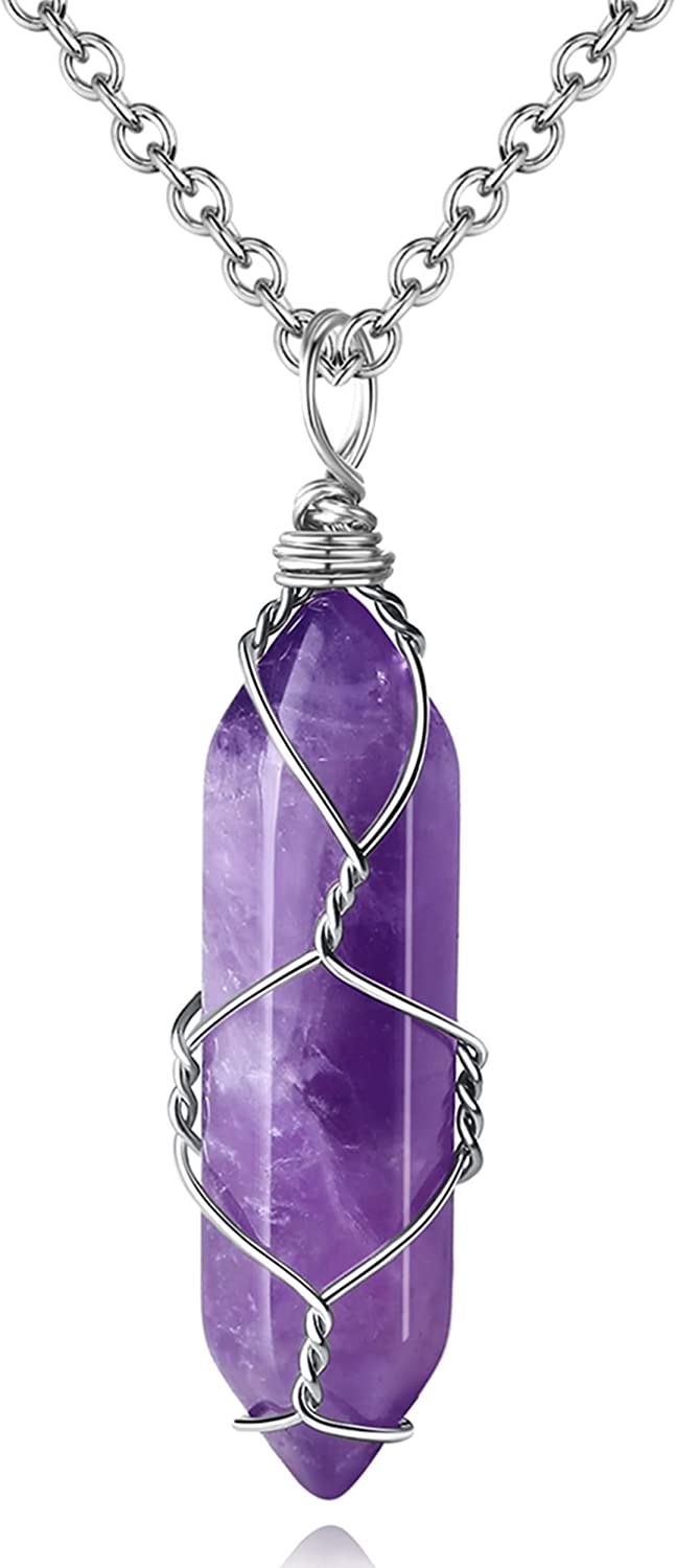 MAIBAOTA Amethyst Healing Crystal Stone Necklace Wire Wrapped Gemstone Point Pendant Necklaces Natur