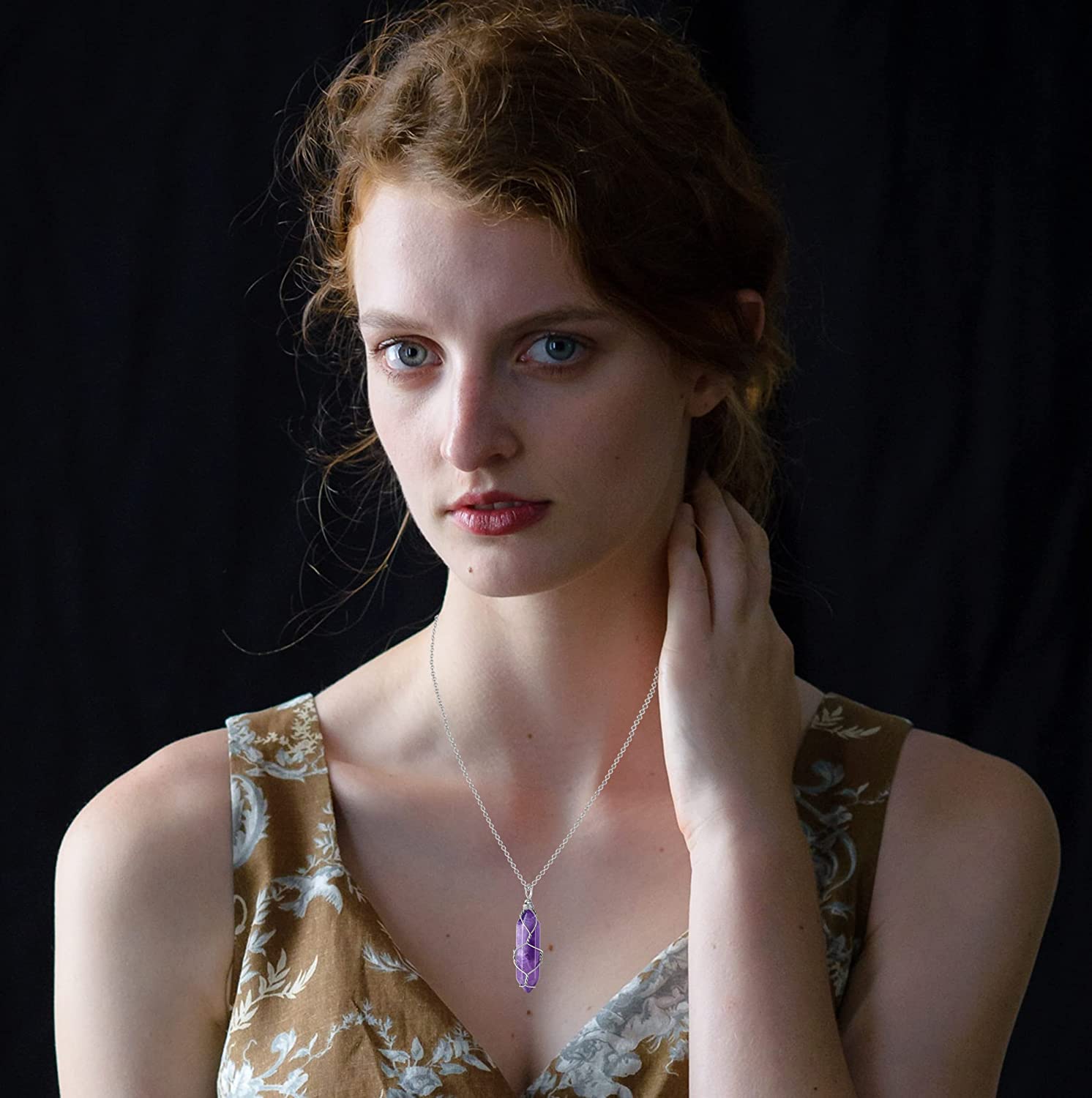 MAIBAOTA Amethyst Healing Crystal Stone Necklace Wire Wrapped Gemstone Point Pendant Necklaces Natur