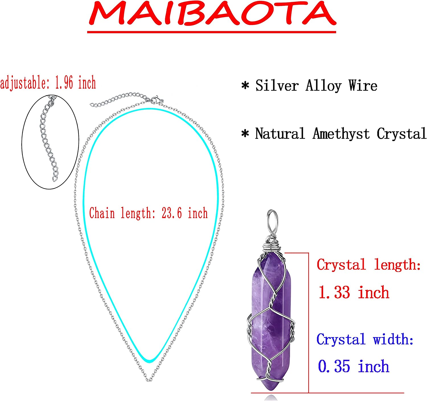 MAIBAOTA Amethyst Healing Crystal Stone Necklace Wire Wrapped Gemstone Point Pendant Necklaces Natur